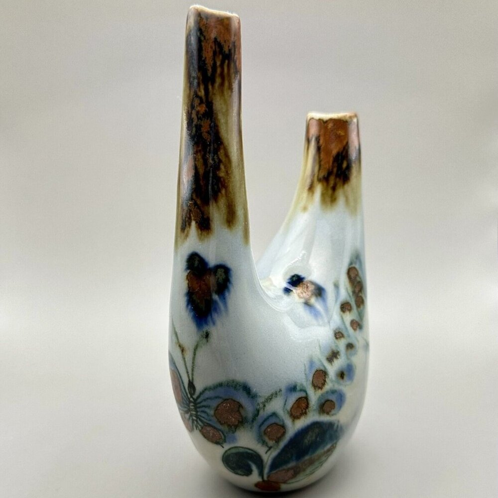 Tonala Mexico Double Vase Blue Tan Glazed Bird Butterfly Signed Ken Edwards